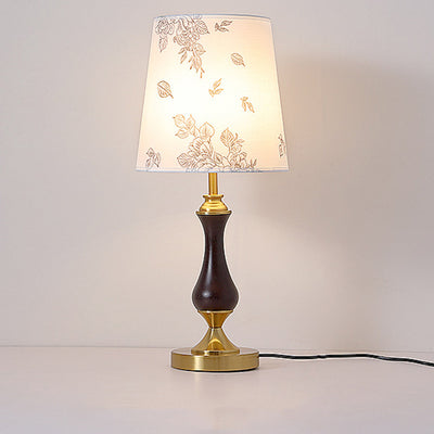 Zeitgenössische Retro Massivholz Metall Stoff Zylinder Gedruckt Blume 1-Licht Tischlampe Für Schlafzimmer 