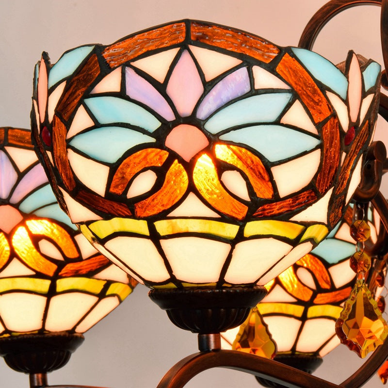 Traditional Tiffany Stained Glass Iron Bowl-Shaped Baroque 6-Light Chandeliers For Dining Room