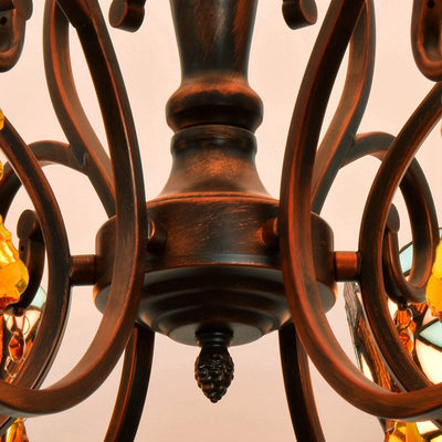 Traditional Tiffany Stained Glass Iron Bowl-Shaped Baroque 6-Light Chandeliers For Dining Room