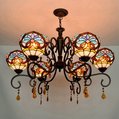 Traditional Tiffany Stained Glass Iron Bowl-Shaped Baroque 6-Light Chandeliers For Dining Room