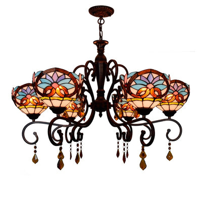 Traditional Tiffany Stained Glass Iron Bowl-Shaped Baroque 6-Light Chandeliers For Dining Room