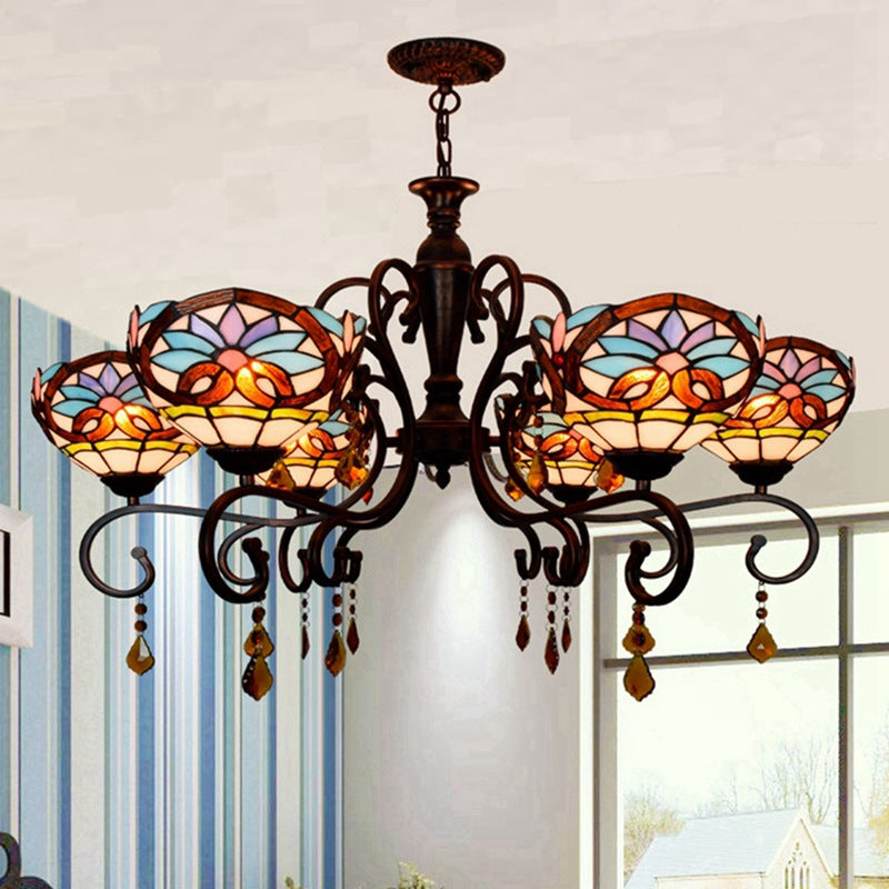 Traditional Tiffany Stained Glass Iron Bowl-Shaped Baroque 6-Light Chandeliers For Dining Room