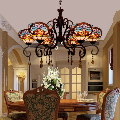 Traditional Tiffany Stained Glass Iron Bowl-Shaped Baroque 6-Light Chandeliers For Dining Room