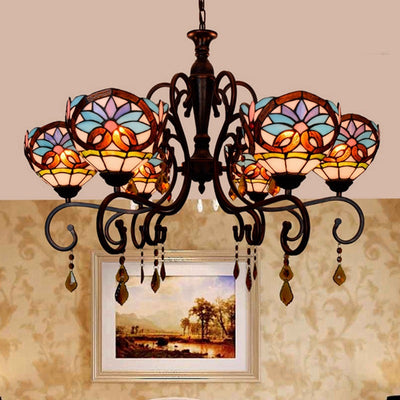 Traditional Tiffany Stained Glass Iron Bowl-Shaped Baroque 6-Light Chandeliers For Dining Room