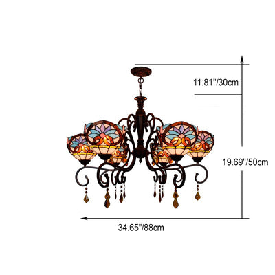 Traditional Tiffany Stained Glass Iron Bowl-Shaped Baroque 6-Light Chandeliers For Dining Room