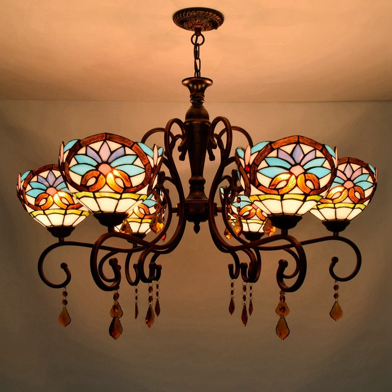 Traditional Tiffany Stained Glass Iron Bowl-Shaped Baroque 6-Light Chandeliers For Dining Room