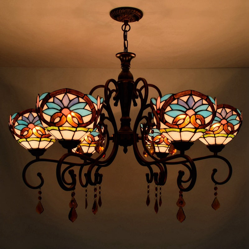 Traditional Tiffany Stained Glass Iron Bowl-Shaped Baroque 6-Light Chandeliers For Dining Room