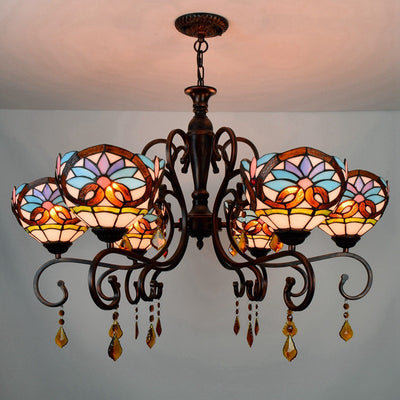 Traditional Tiffany Stained Glass Iron Bowl-Shaped Baroque 6-Light Chandeliers For Dining Room