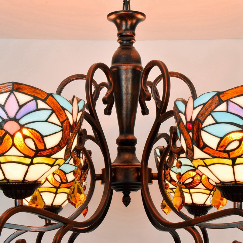 Traditional Tiffany Stained Glass Iron Bowl-Shaped Baroque 6-Light Chandeliers For Dining Room