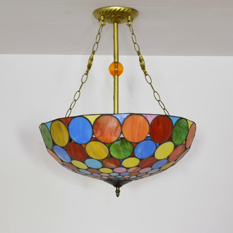 Traditional Tiffany Stained Glass Iron Dome Round Pattern 3-Light Chandeliers For Living Room