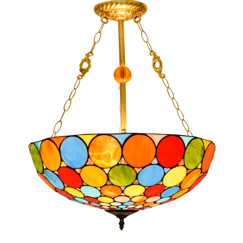 Traditional Tiffany Stained Glass Iron Dome Round Pattern 3-Light Chandeliers For Living Room