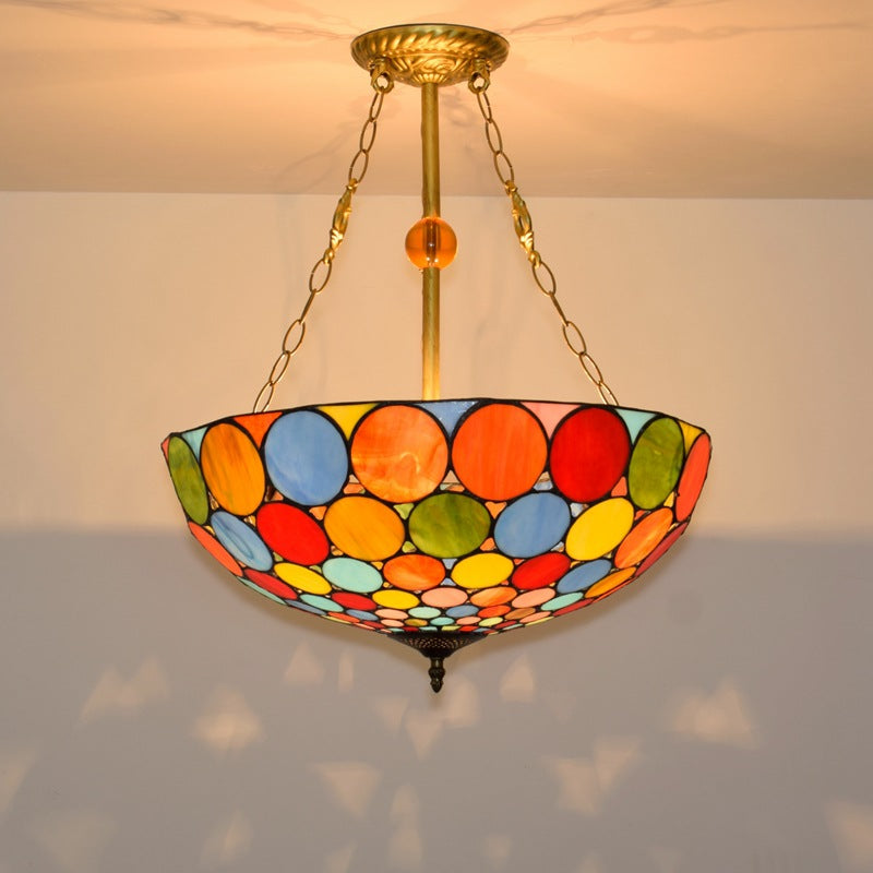 Traditional Tiffany Stained Glass Iron Dome Round Pattern 3-Light Chandeliers For Living Room