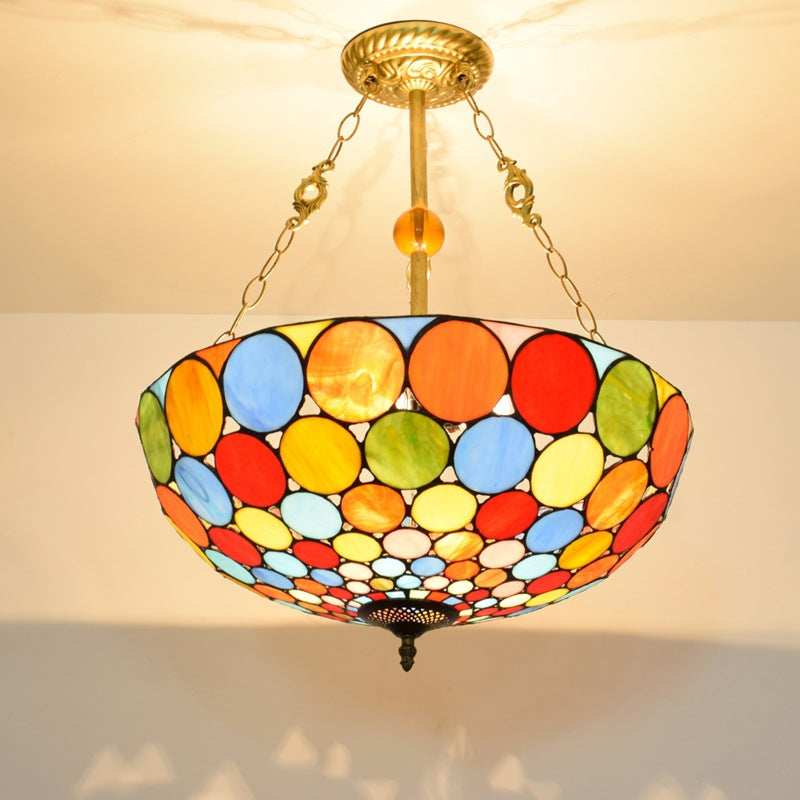 Traditional Tiffany Stained Glass Iron Dome Round Pattern 3-Light Chandeliers For Living Room