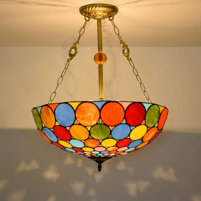 Traditional Tiffany Stained Glass Iron Dome Round Pattern 3-Light Chandeliers For Living Room