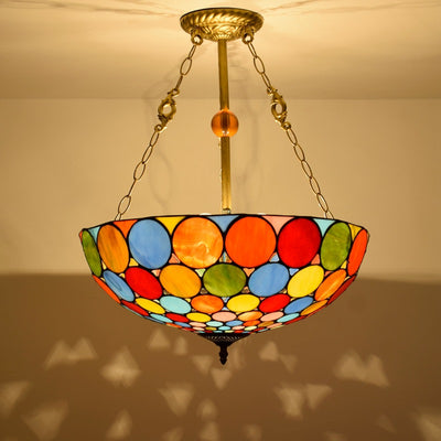 Traditional Tiffany Stained Glass Iron Dome Round Pattern 3-Light Chandeliers For Living Room