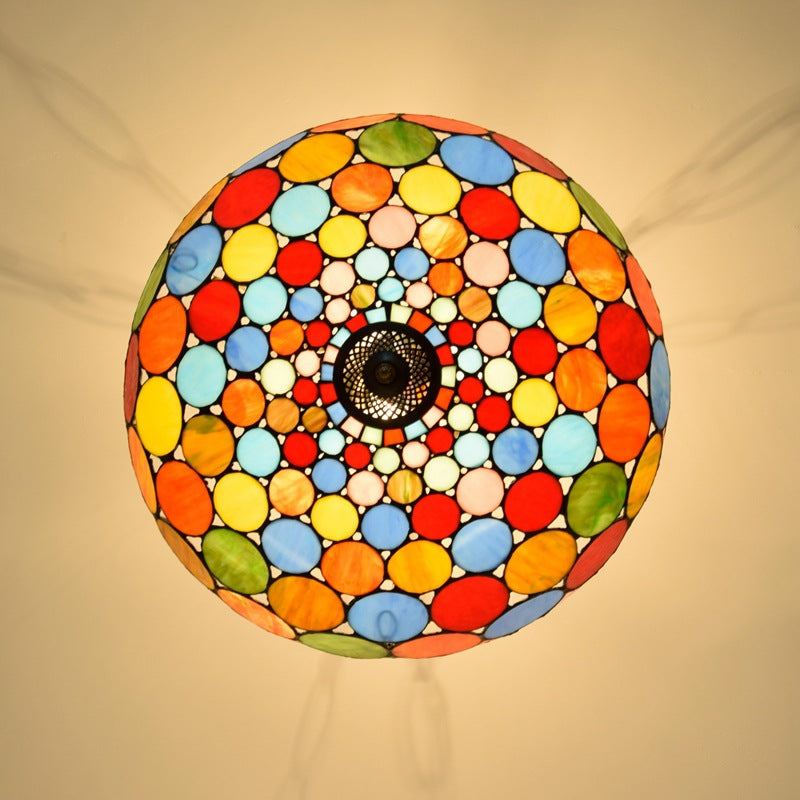 Traditional Tiffany Stained Glass Iron Dome Round Pattern 3-Light Chandeliers For Living Room