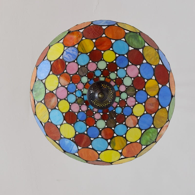 Traditional Tiffany Stained Glass Iron Dome Round Pattern 3-Light Chandeliers For Living Room