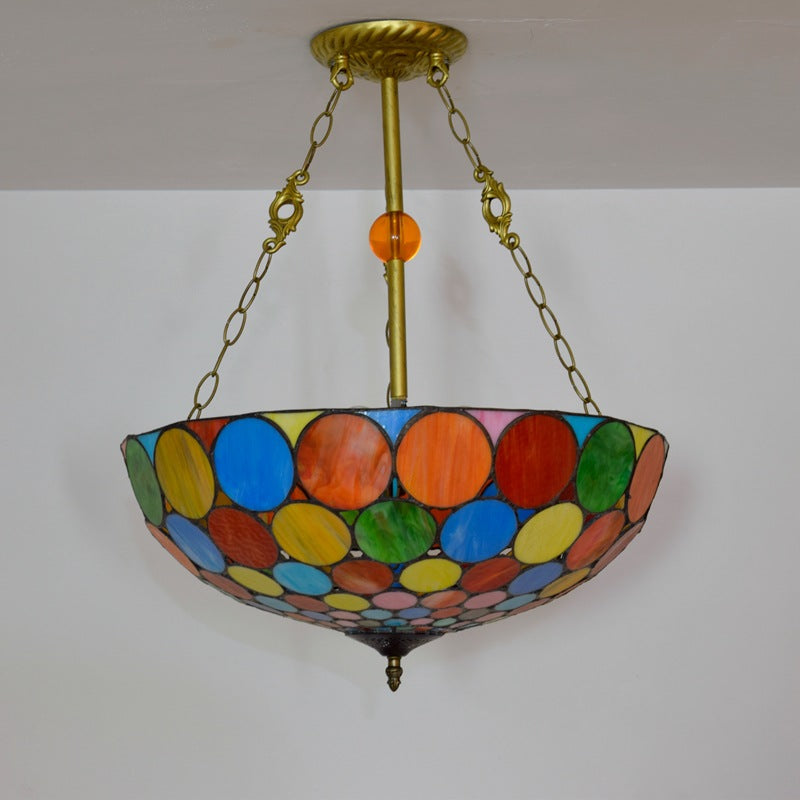 Traditional Tiffany Stained Glass Iron Dome Round Pattern 3-Light Chandeliers For Living Room