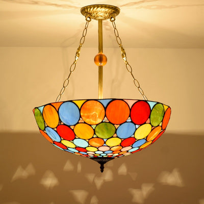 Traditional Tiffany Stained Glass Iron Dome Round Pattern 3-Light Chandeliers For Living Room