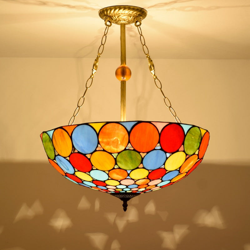 Traditional Tiffany Stained Glass Iron Dome Round Pattern 3-Light Chandeliers For Living Room