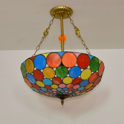 Traditional Tiffany Stained Glass Iron Dome Round Pattern 3-Light Chandeliers For Living Room