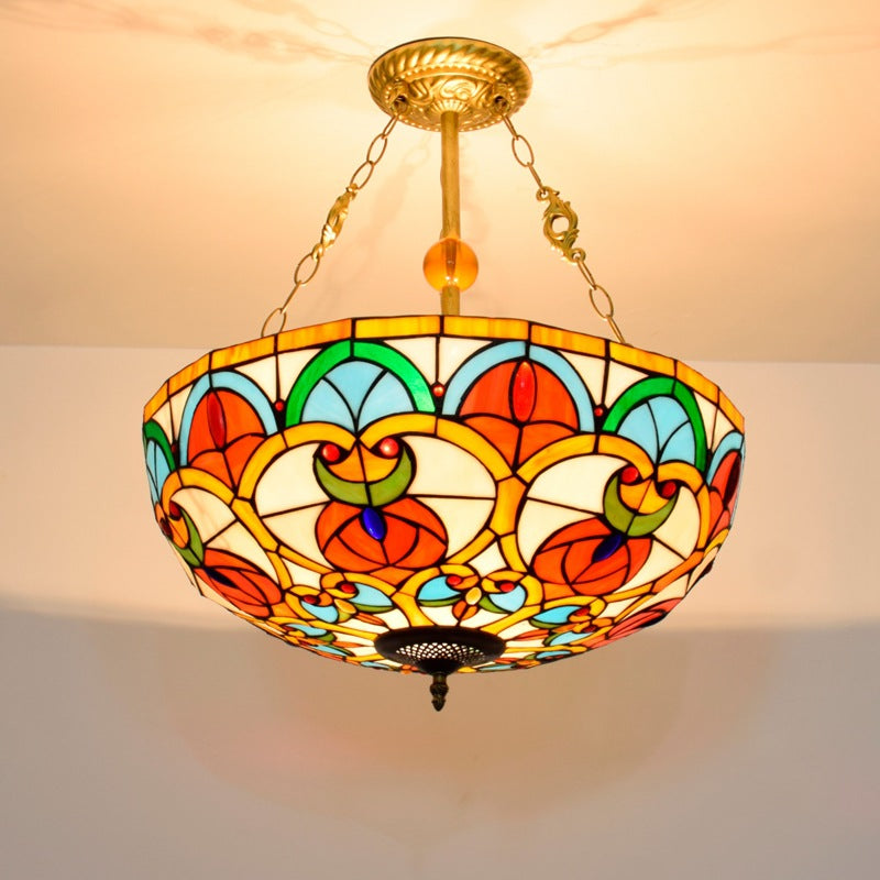 Traditional Tiffany Stained Glass Iron Dome Peach Heart Beads 3-Light Chandeliers For Living Room