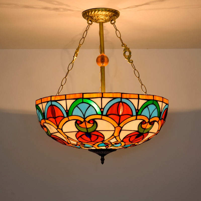 Traditional Tiffany Stained Glass Iron Dome Peach Heart Beads 3-Light Chandeliers For Living Room