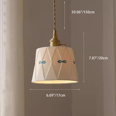 Traditional French Iron Ceramic Brass Cylinder Hand-Painted Pattern 1-Light Pendant Light For Dining Room