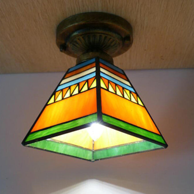 Traditional Tiffany Glass Iron Trapezoidal Dovetail 1-Light Semi-Flush Mount Ceiling Light For Hallway