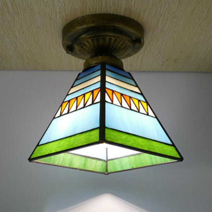 Traditional Tiffany Glass Iron Trapezoidal Dovetail 1-Light Semi-Flush Mount Ceiling Light For Hallway