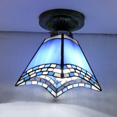 Traditional Tiffany Glass Iron Trapezoidal Dovetail 1-Light Semi-Flush Mount Ceiling Light For Hallway