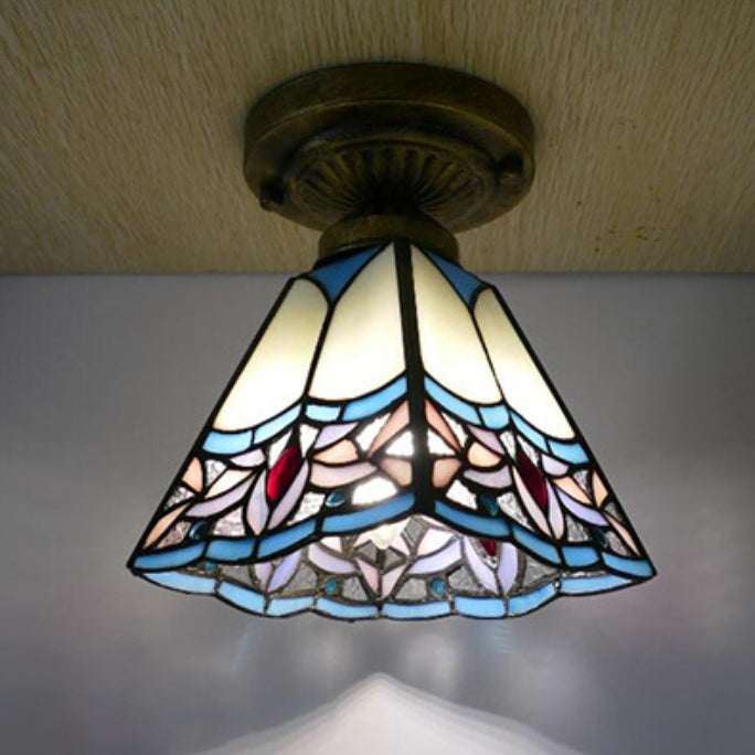 Traditional Tiffany Glass Iron Trapezoidal Dovetail 1-Light Semi-Flush Mount Ceiling Light For Hallway