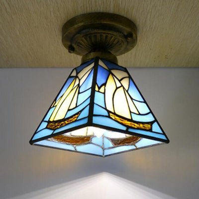 Traditional Tiffany Glass Iron Trapezoidal Dovetail 1-Light Semi-Flush Mount Ceiling Light For Hallway