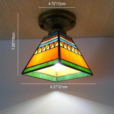 Traditional Tiffany Glass Iron Trapezoidal Dovetail 1-Light Semi-Flush Mount Ceiling Light For Hallway