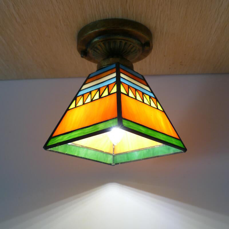 Traditional Tiffany Glass Iron Trapezoidal Dovetail 1-Light Semi-Flush Mount Ceiling Light For Hallway