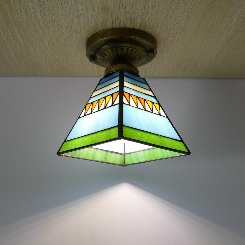 Traditional Tiffany Glass Iron Trapezoidal Dovetail 1-Light Semi-Flush Mount Ceiling Light For Hallway