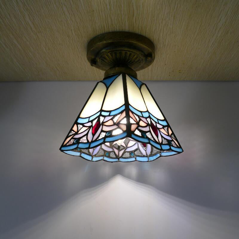 Traditional Tiffany Glass Iron Trapezoidal Dovetail 1-Light Semi-Flush Mount Ceiling Light For Hallway