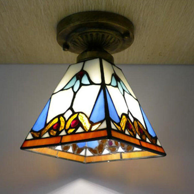 Traditional Tiffany Glass Iron Trapezoidal Dovetail 1-Light Semi-Flush Mount Ceiling Light For Hallway