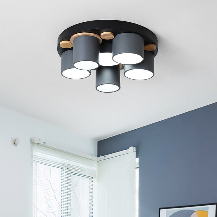 Contemporary Scandinavian Iron Rubber Wood Acrylic Round Uneven Cylinder LED Flush Mount Ceiling Light For Living Room