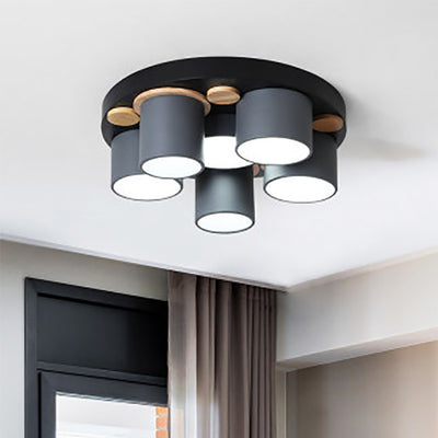 Contemporary Scandinavian Iron Rubber Wood Acrylic Round Uneven Cylinder LED Flush Mount Ceiling Light For Living Room