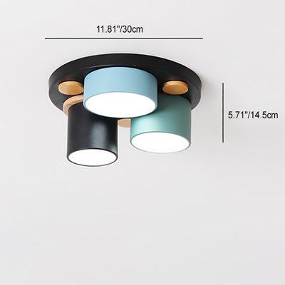 Contemporary Scandinavian Iron Rubber Wood Acrylic Round Uneven Cylinder LED Flush Mount Ceiling Light For Living Room