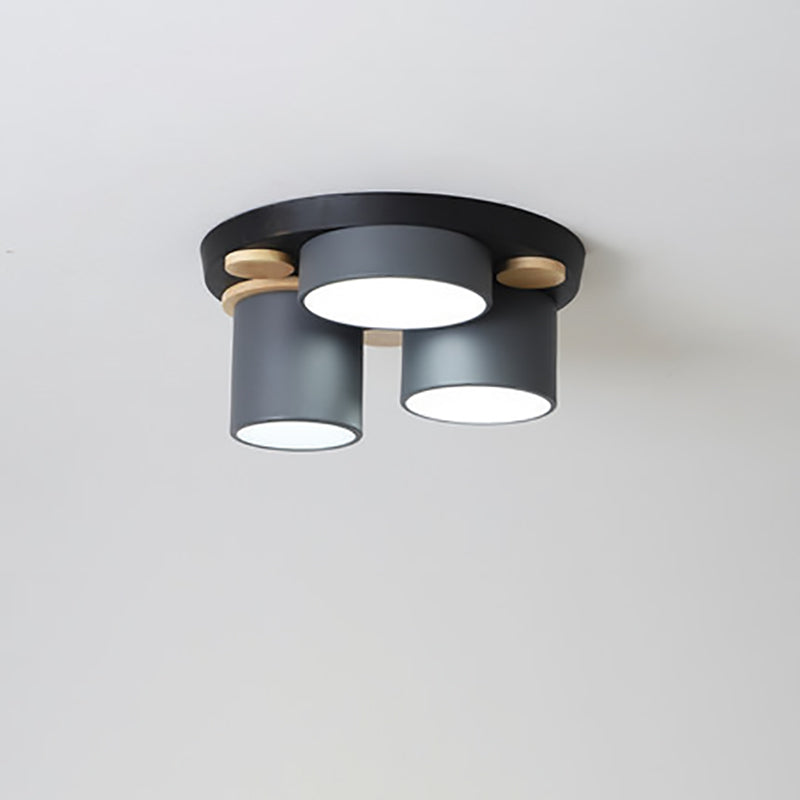 Contemporary Scandinavian Iron Rubber Wood Acrylic Round Uneven Cylinder LED Flush Mount Ceiling Light For Living Room