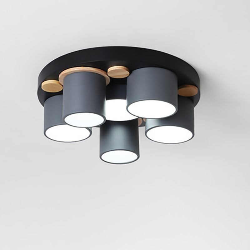 Contemporary Scandinavian Iron Rubber Wood Acrylic Round Uneven Cylinder LED Flush Mount Ceiling Light For Living Room