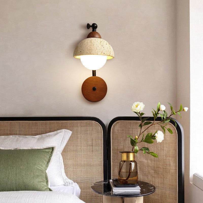 Traditional Japanese Travertine Iron Walnut Rotatable Hemisphere 1-Light Wall Sconce Lamp For Bedside