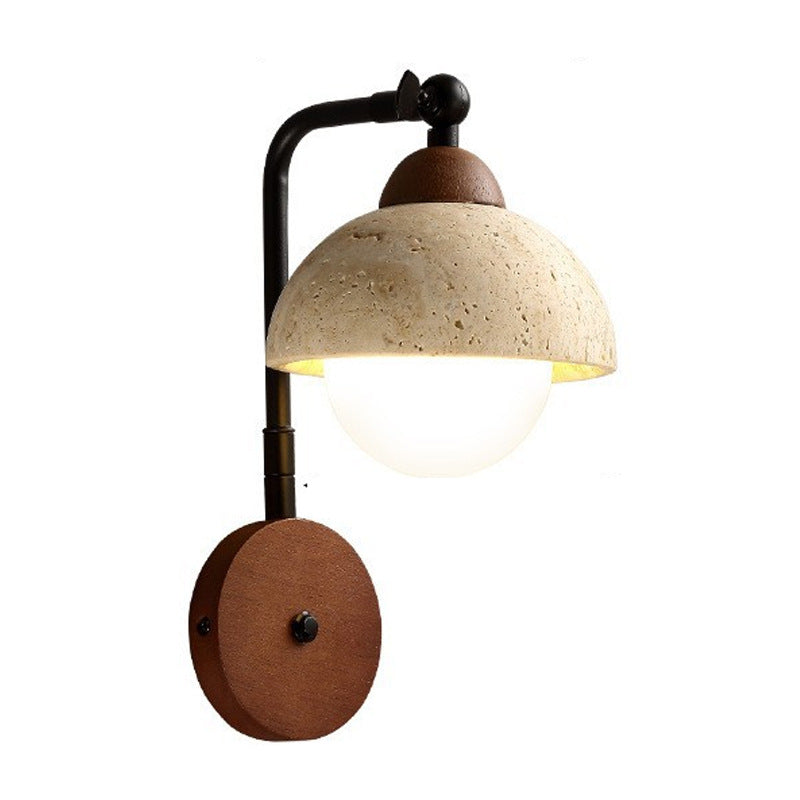 Traditional Japanese Travertine Iron Walnut Rotatable Hemisphere 1-Light Wall Sconce Lamp For Bedside