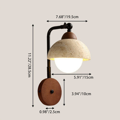 Traditional Japanese Travertine Iron Walnut Rotatable Hemisphere 1-Light Wall Sconce Lamp For Bedside