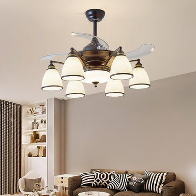 Traditional Chinese Iron Glass Acrylic Bell 5/6/8/10 Light Downrods Ceiling Fan Light For Living Room