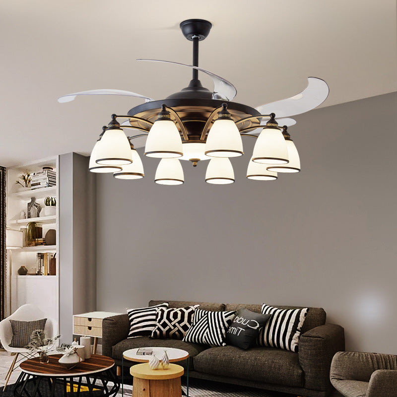 Traditional Chinese Iron Glass Acrylic Bell 5/6/8/10 Light Downrods Ceiling Fan Light For Living Room