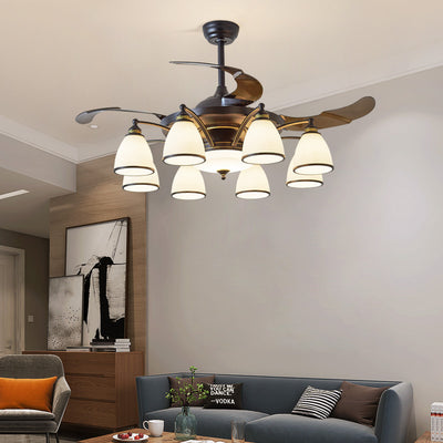 Traditional Chinese Iron Glass Acrylic Bell 5/6/8/10 Light Downrods Ceiling Fan Light For Living Room