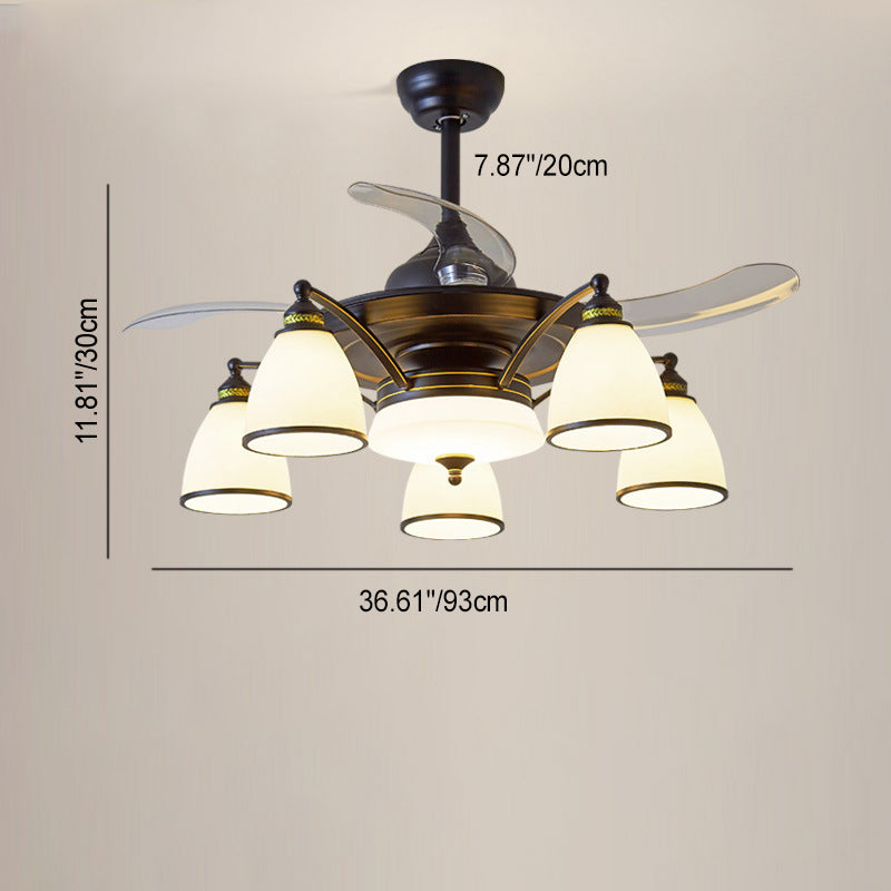 Traditional Chinese Iron Glass Acrylic Bell 5/6/8/10 Light Downrods Ceiling Fan Light For Living Room